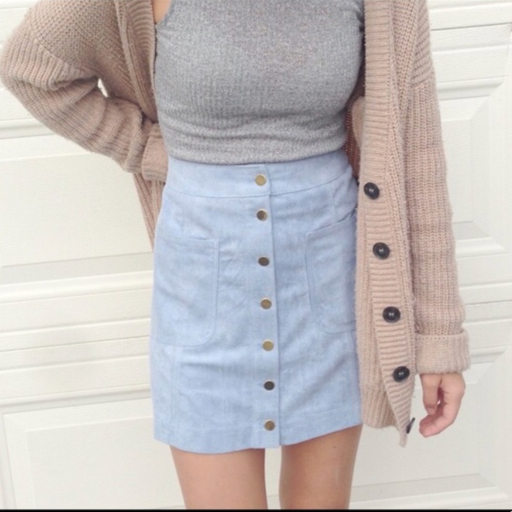 Baby blue suede button up skirt